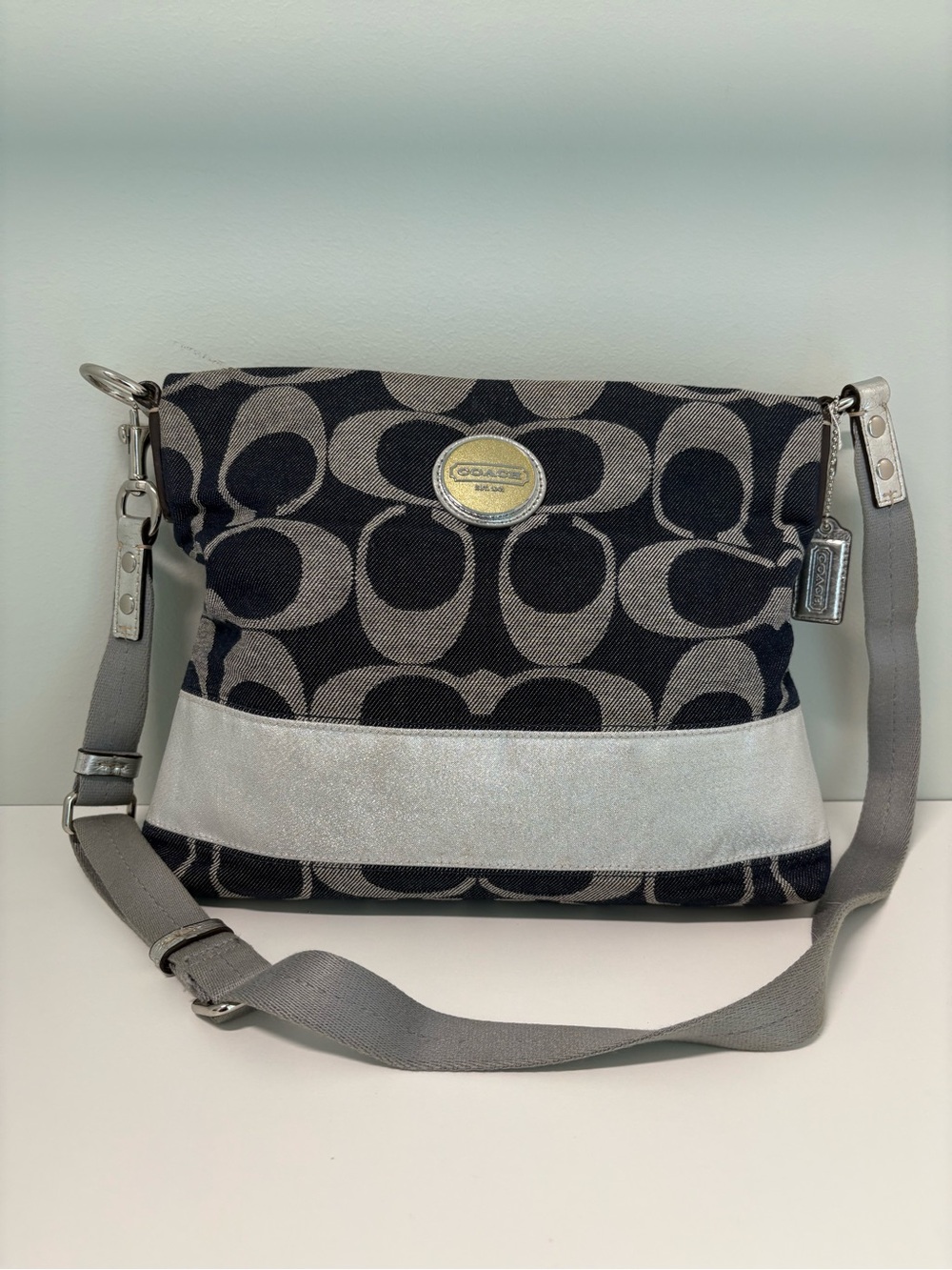 Coach F17435 Denim Signature Stripe File Crossbody Bag
